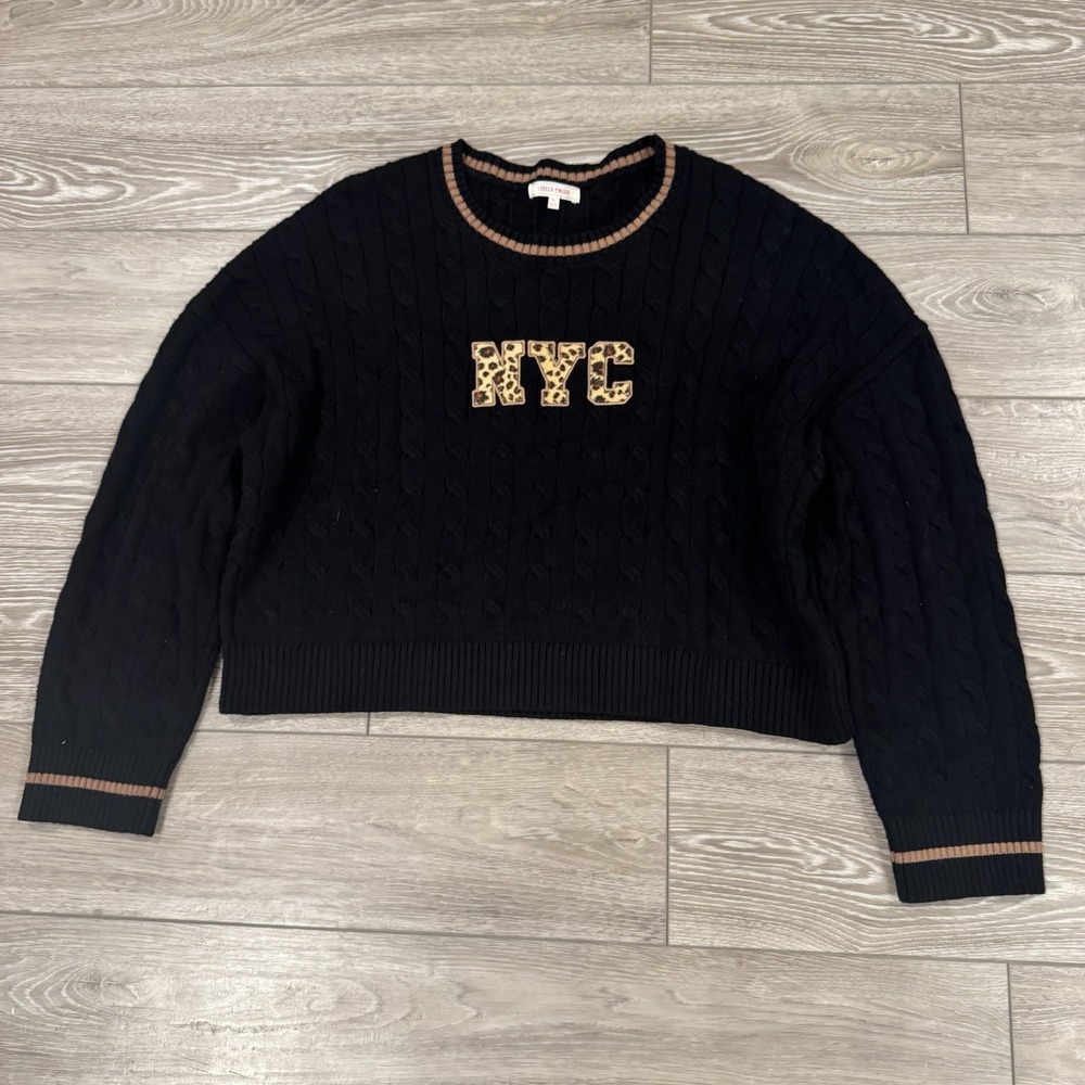 Stella Tweed NYC Sweater XL Black Cable Knit Leopard Logo Y2K‎ City Girl